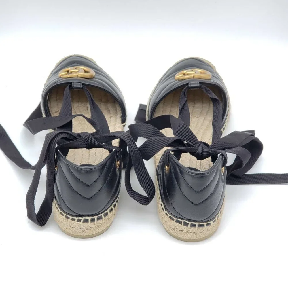 Authentic Gucci GG Marmont Espadrille Sandals Black Leather Gold Logo Brand New - Picture 7 of 13